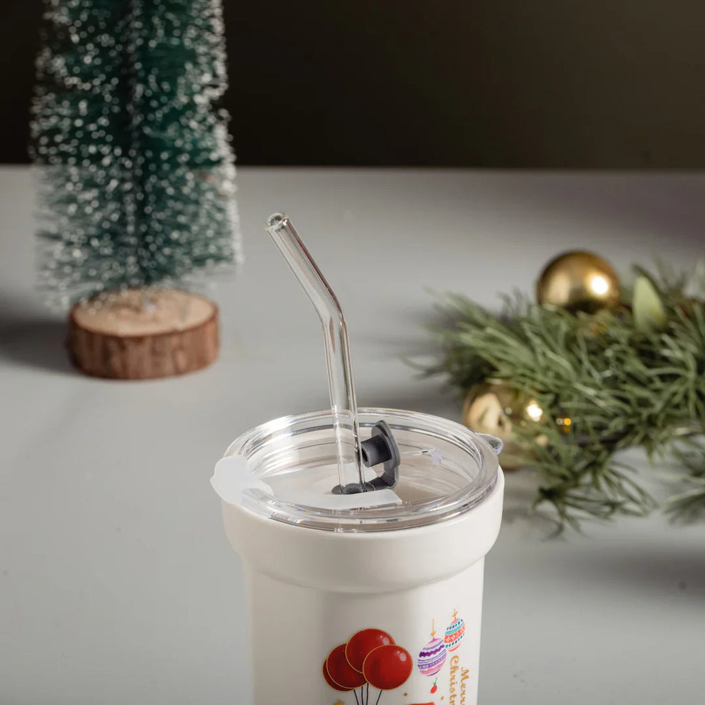 Christmas Ceramic Sipper With Glass Straw