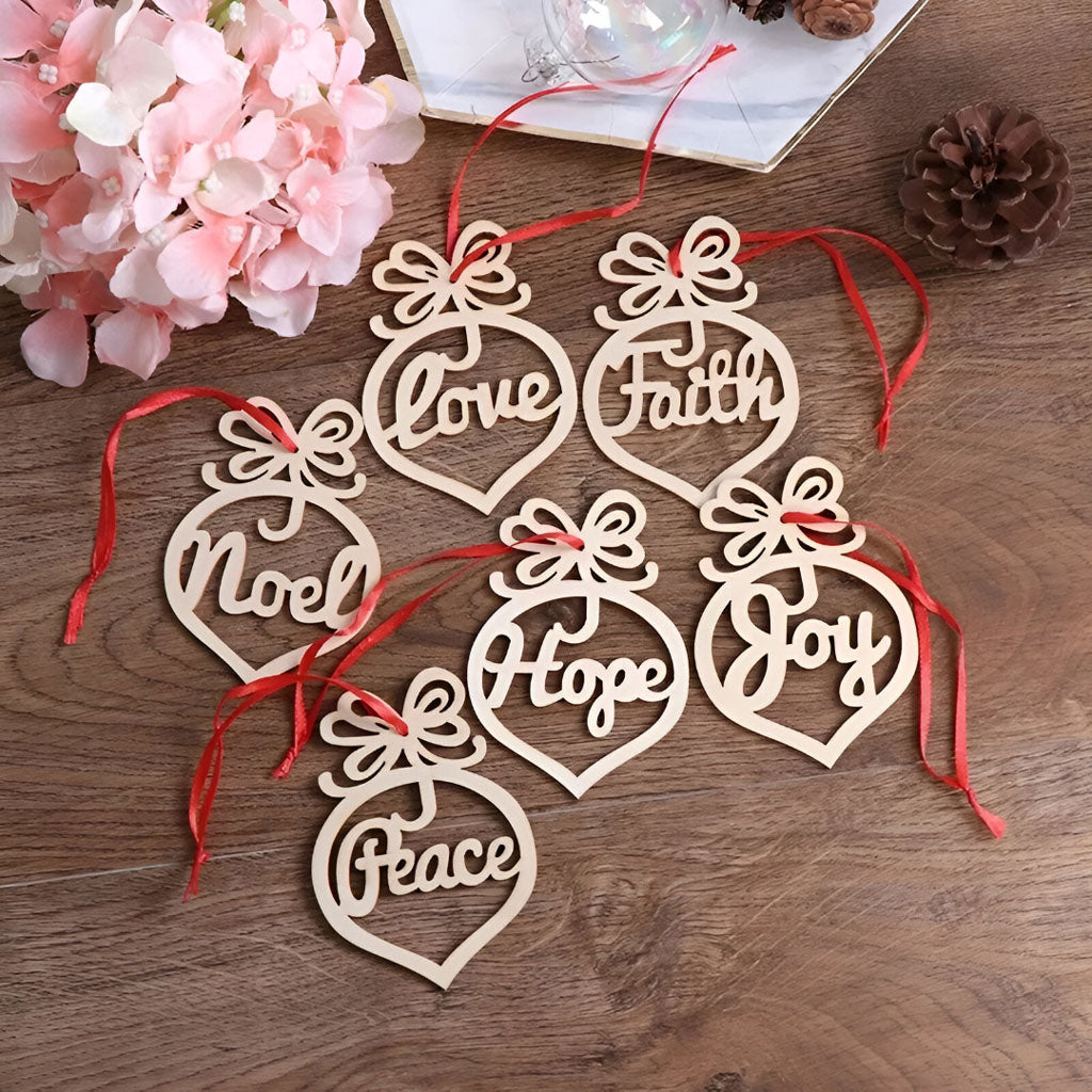 Set of 6 Natural Wooden Christmas Hanging Ornaments – Festive Word Decor