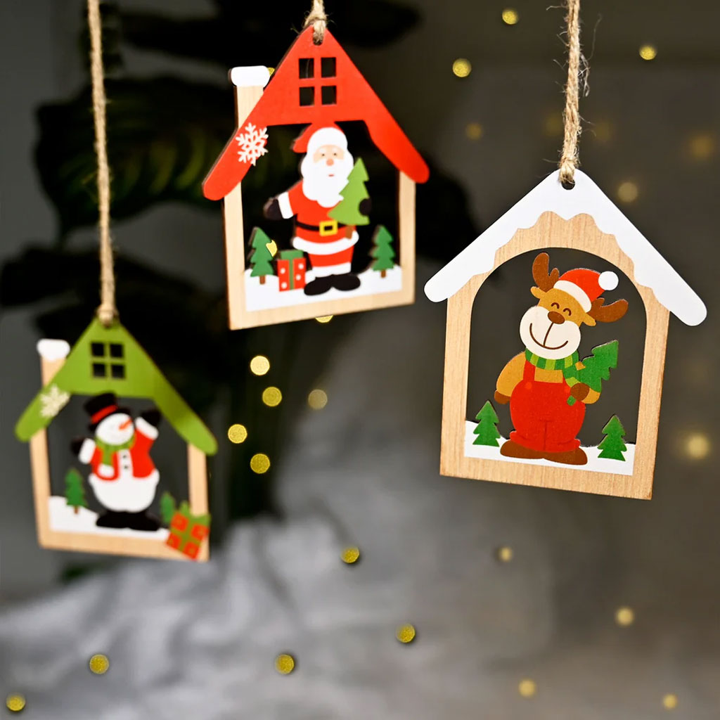 Wooden Christmas Ornaments – Set of 3 House-Shaped Designs