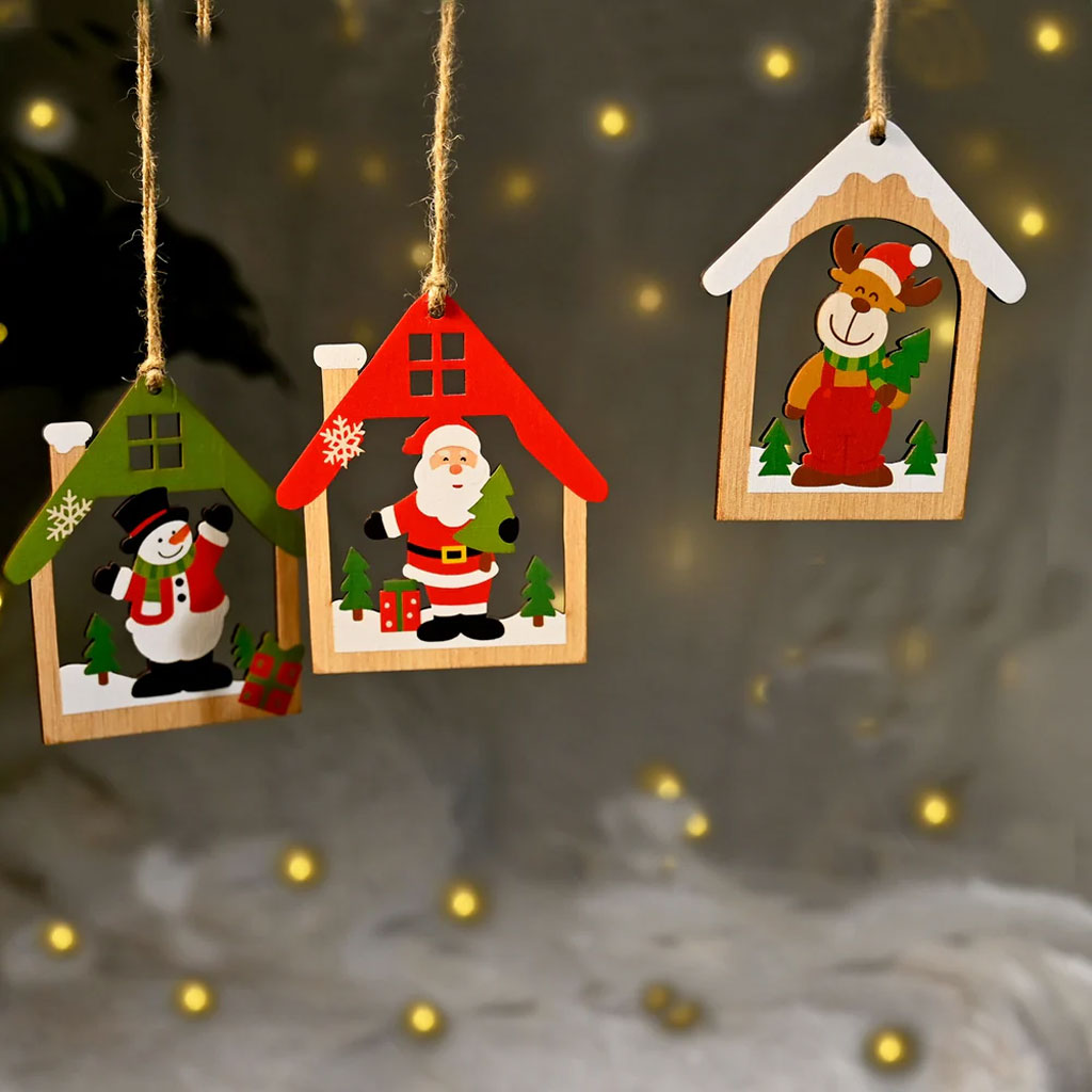 Wooden Christmas Ornaments – Set of 3 House-Shaped Designs