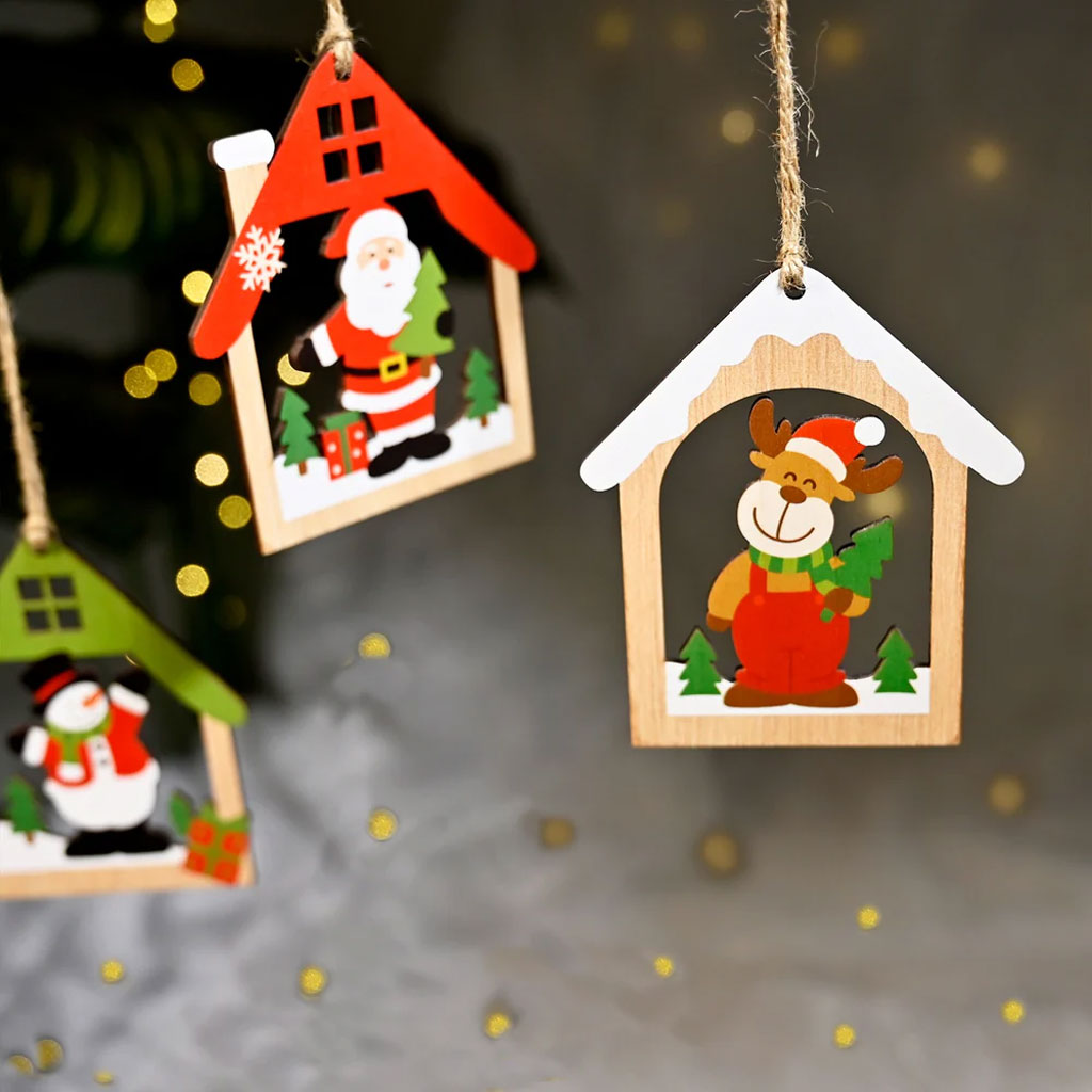 Wooden Christmas Ornaments – Set of 3 House-Shaped Designs
