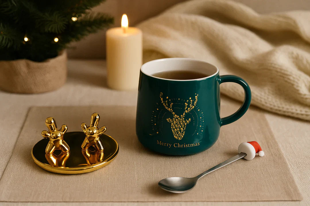 Merry Christmas Ceramic Mug with Golden Reindeer Lid & Santa Spoon