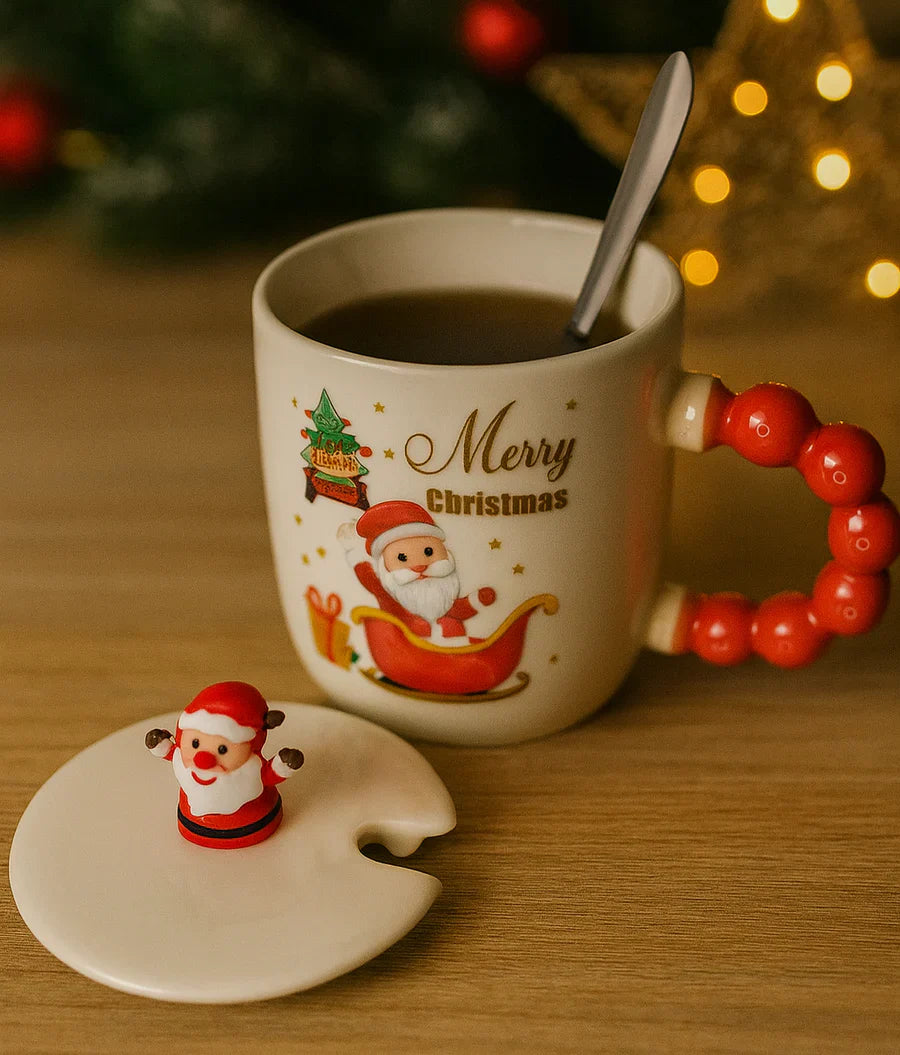 Festive “Merry Christmas” Santa Mug with Lid