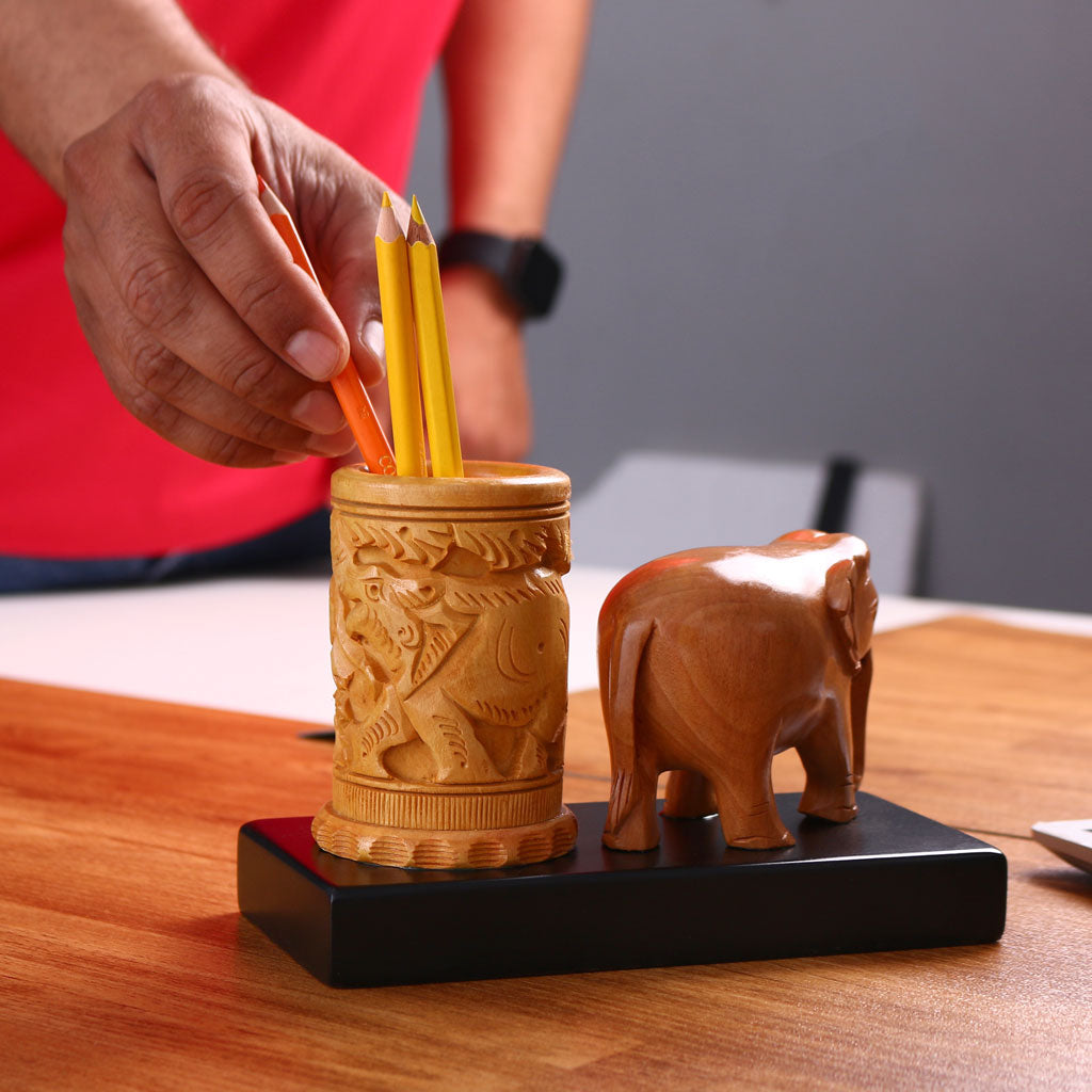 Handcrafted Elephant Wooden Pen Holder