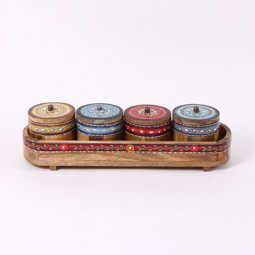 Hand Painted Wooden Jar Set With Tray