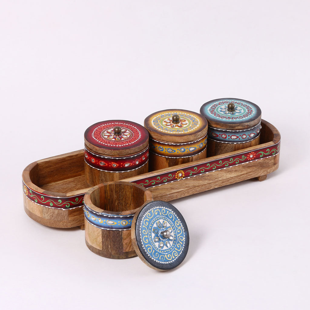 Hand Painted Wooden Jar Set With Tray