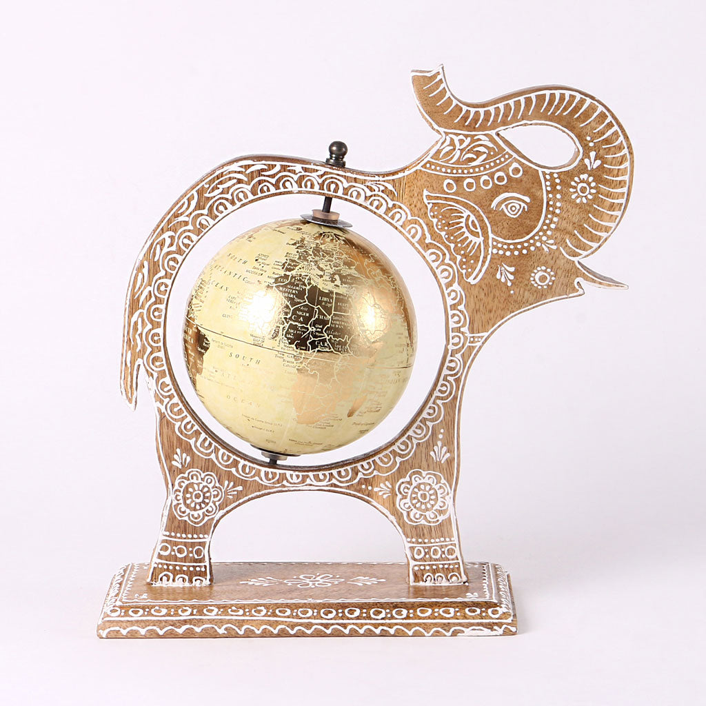 Brown Wooden Elephant Globe Showpiece