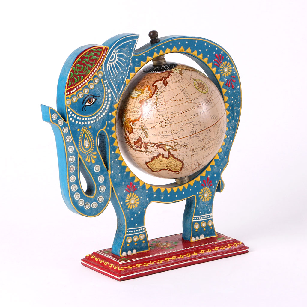 Blue Wooden Elephant Globe Showpiece