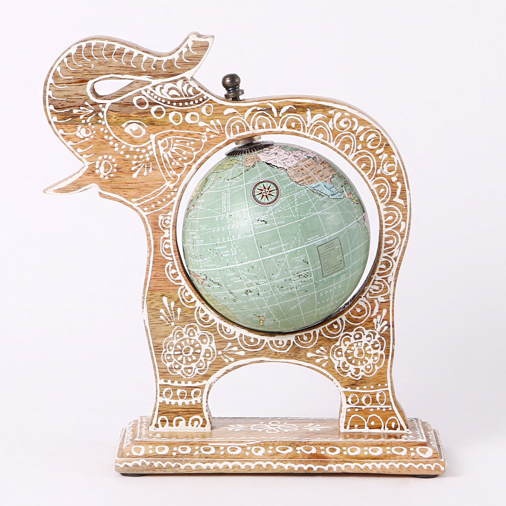 Brown Wooden Elephant Globe Showpiece