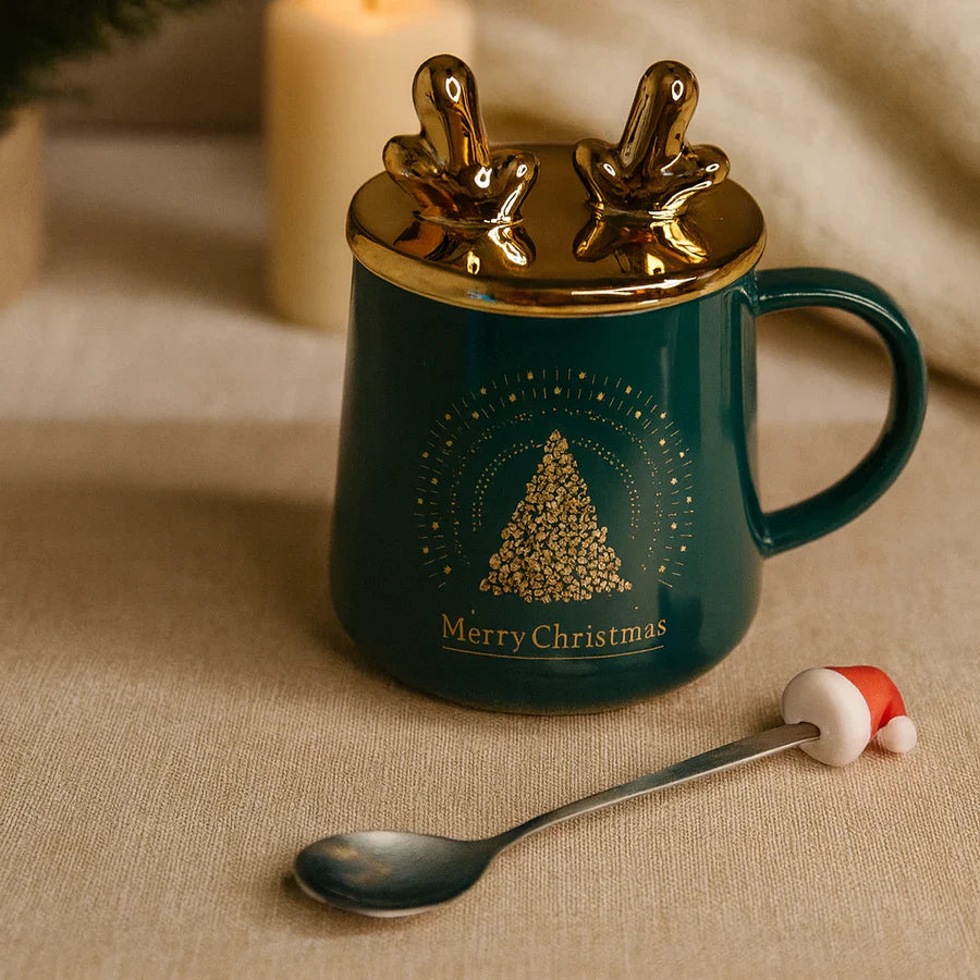 Merry Christmas Ceramic Mug with Golden Reindeer Lid & Santa Spoon