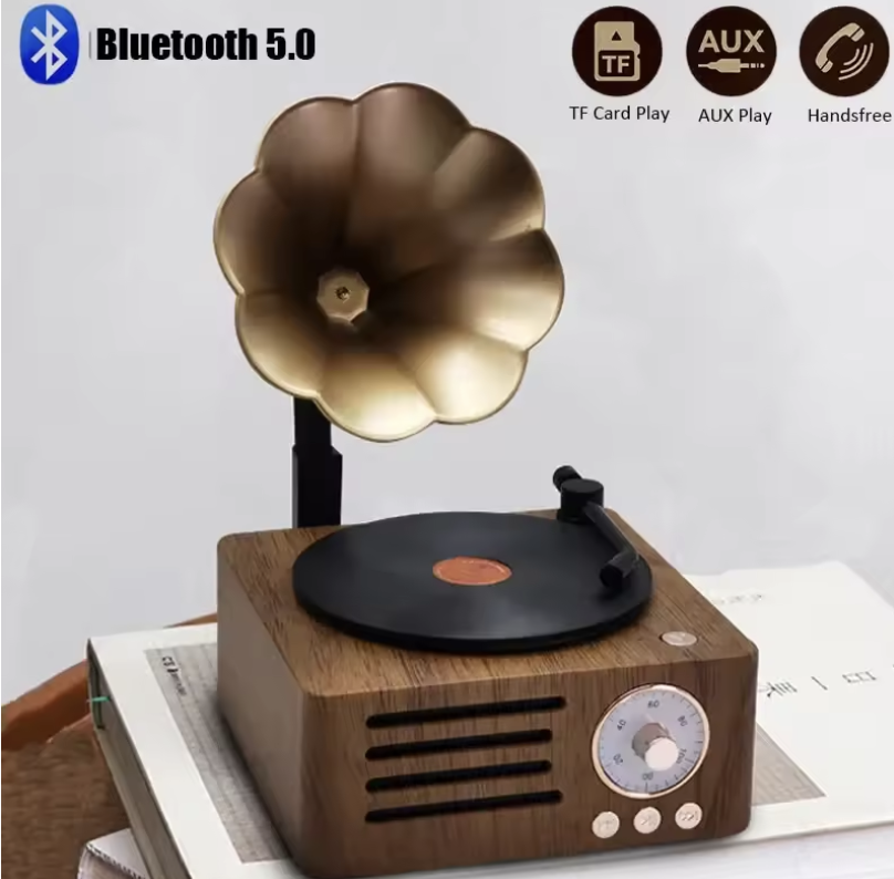 Retro Gramophone Bluetooth Speaker with Rotating Disc