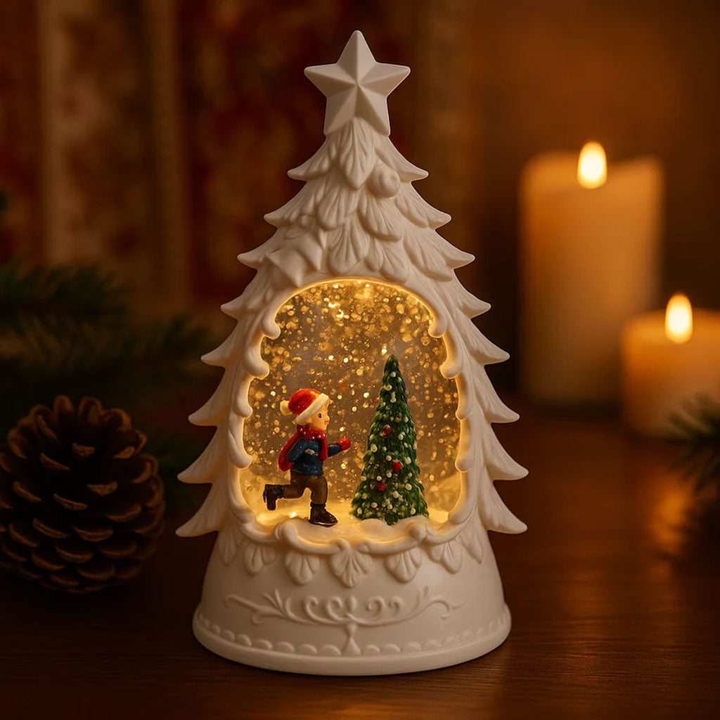 Tree Ceramic LED Snow Tree Light with Glitter & Warm Glow