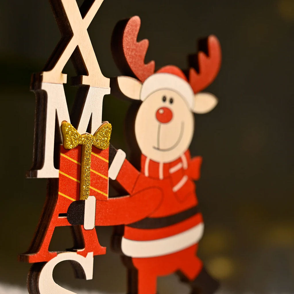Wooden Christmas Table Decor – Santa Reindeer with XMAS