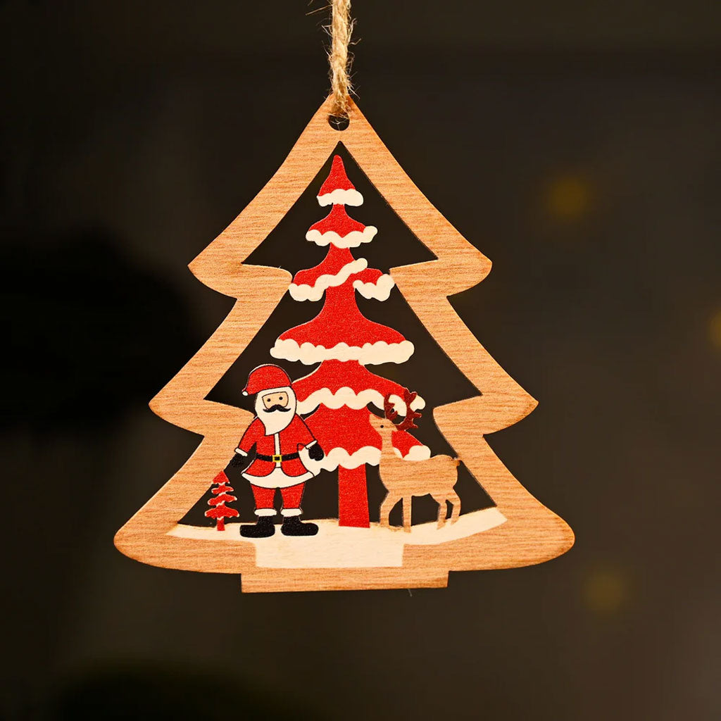 Wooden Christmas Tree Ornament – Santa, Reindeer & Festive Scene