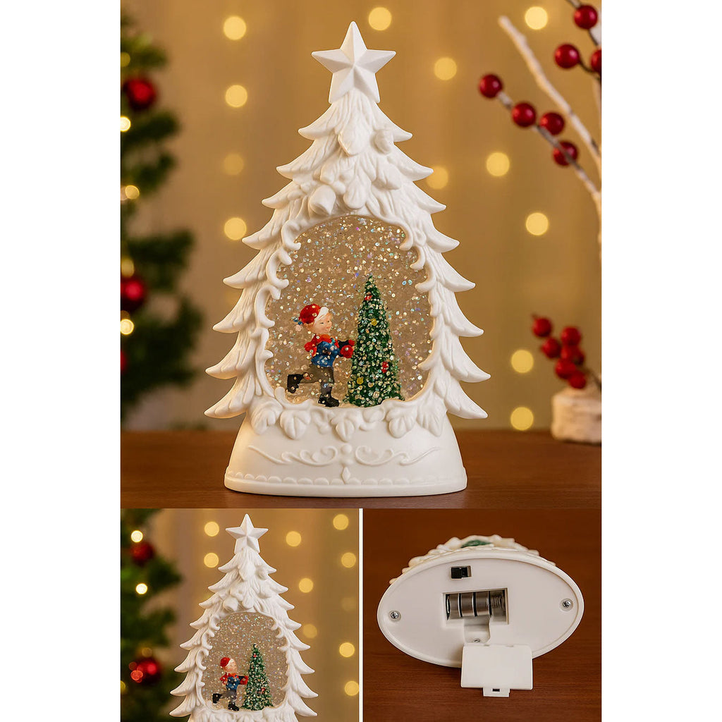 Tree Ceramic LED Snow Tree Light with Glitter & Warm Glow