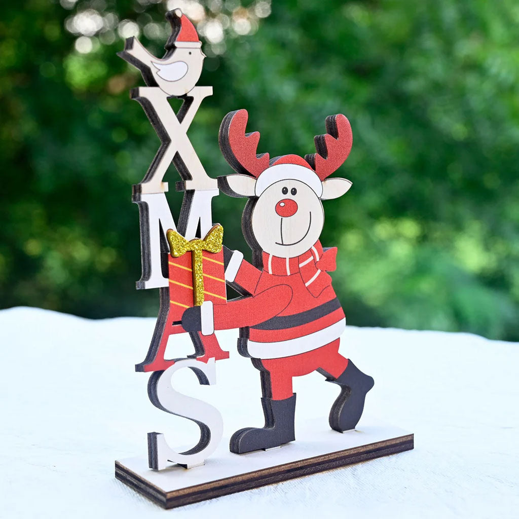 Wooden Christmas Table Decor – Santa Reindeer with XMAS