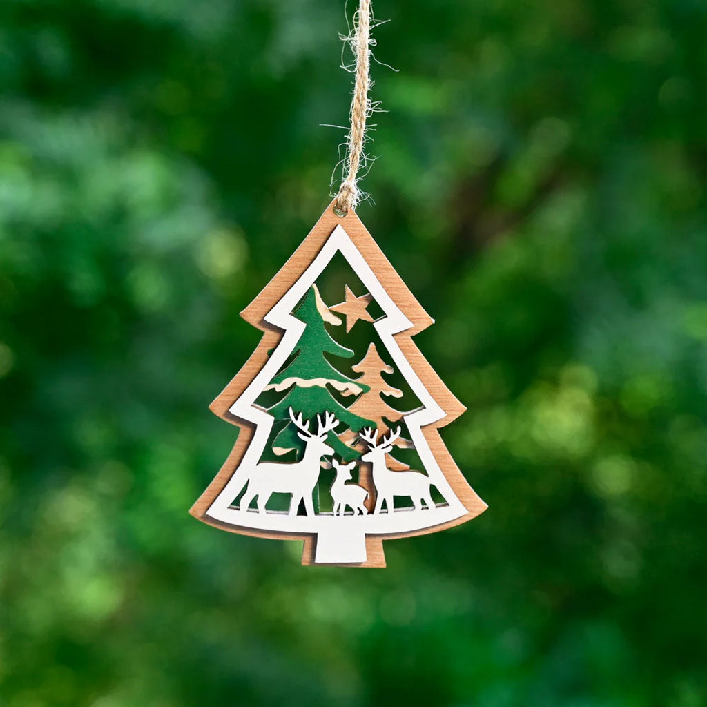 Wooden Christmas Tree Ornament – Reindeer & Trees Scene