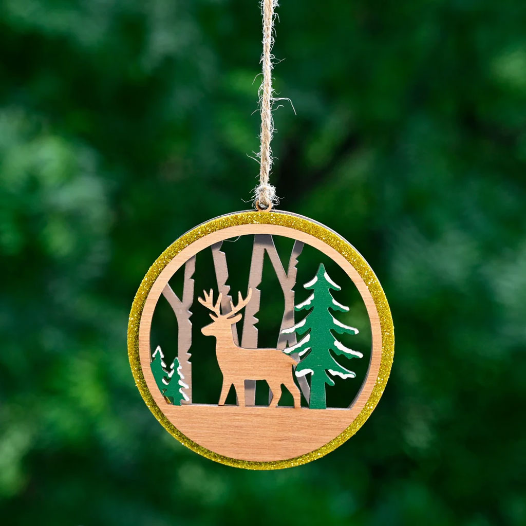 3-Layer Wooden Christmas Ornament – Reindeer & Trees Scene