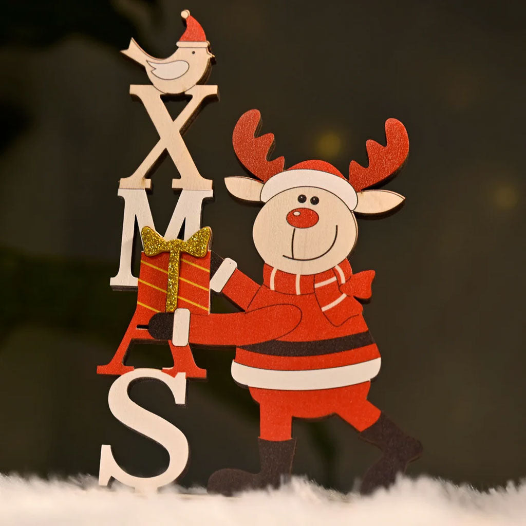 Wooden Christmas Table Decor – Santa Reindeer with XMAS