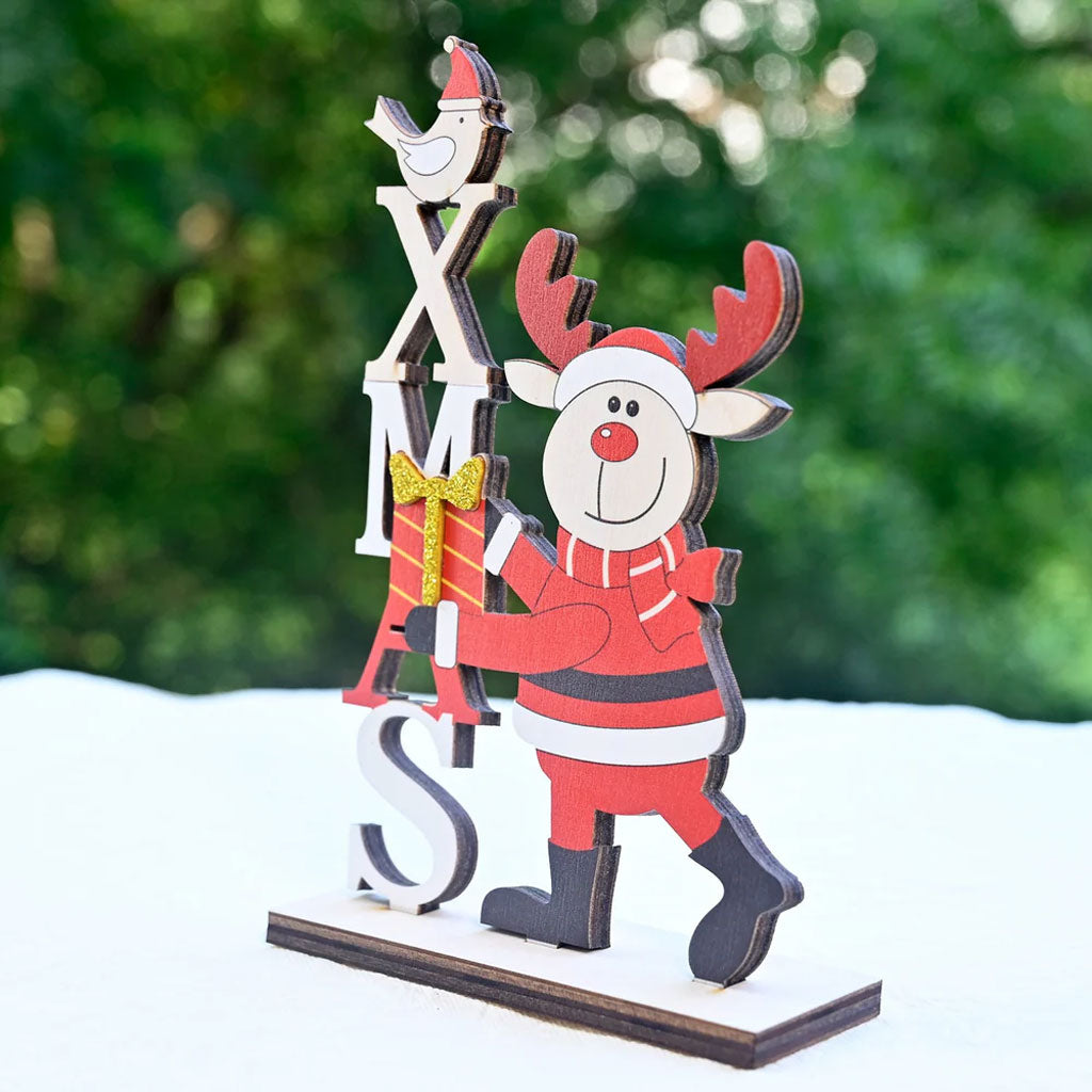 Wooden Christmas Table Decor – Santa Reindeer with XMAS