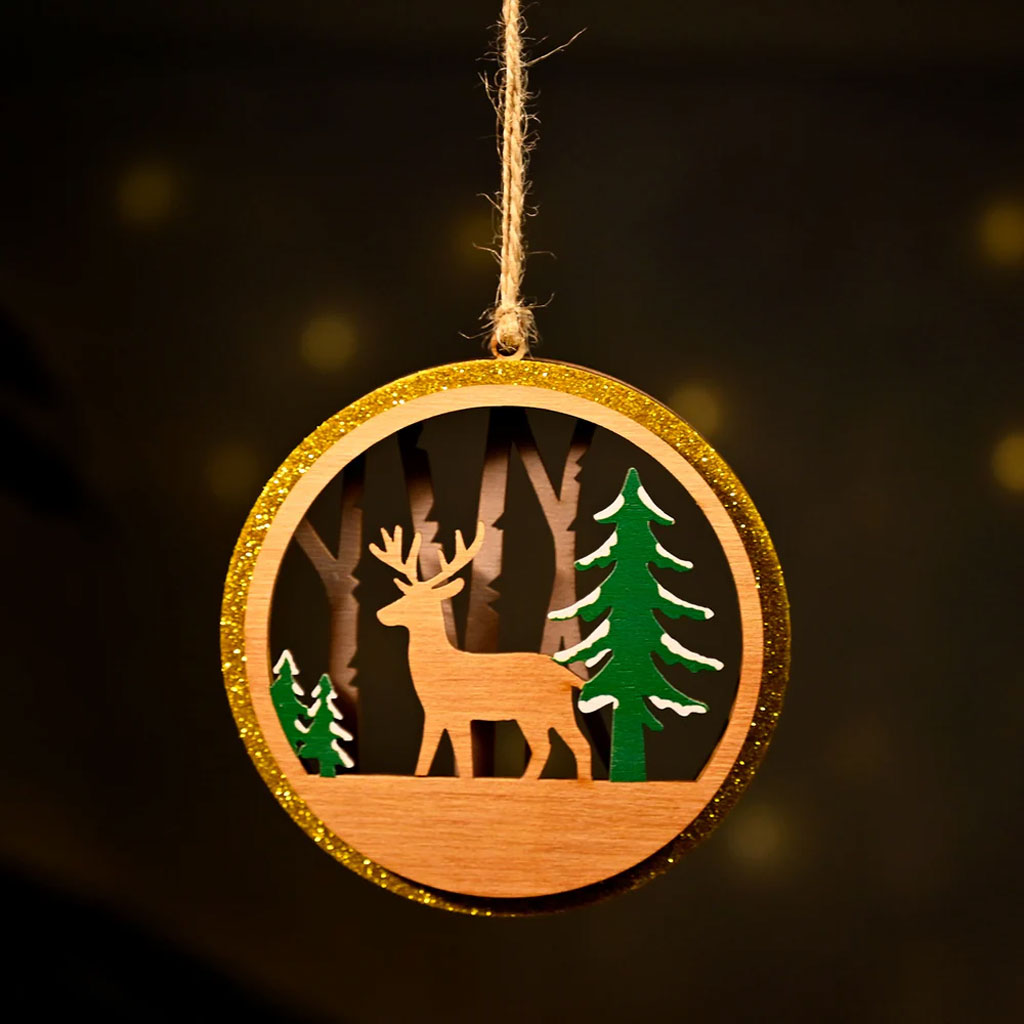 3-Layer Wooden Christmas Ornament – Reindeer & Trees Scene