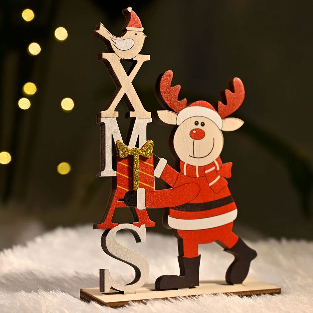 Wooden Christmas Table Decor – Santa Reindeer with XMAS